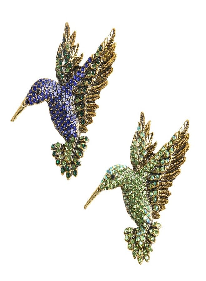 Comidox 2Pcs Hummingbird Brooch Pin Crystal Rhinestone Animal Bird Women Garment Scarf Accessory Vintage Green Blue - Image 1