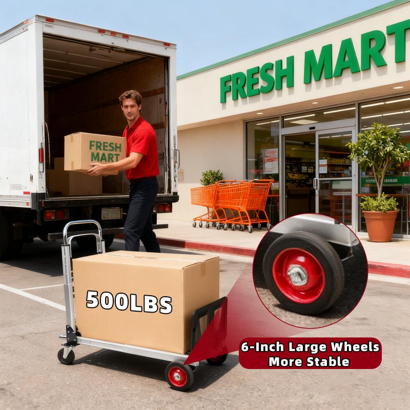 Tolpassa Aluminum 3-in-1 Folding Hand Truck, 500Lbs Heavy Duty Dolly Cart with 2 Large 6-Inch Quiet Rubber Wheels, 2 360Â° Swivel Wheels, 2 Bungee Cords, Portable Dolly for Home, Office, Warehouse, Packages - Image 3