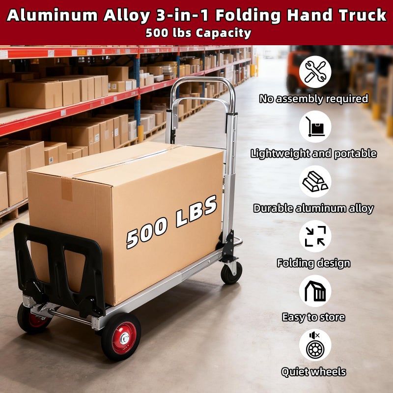 Tolpassa Aluminum 3-in-1 Folding Hand Truck, 500Lbs Heavy Duty Dolly Cart with 2 Large 6-Inch Quiet Rubber Wheels, 2 360Â° Swivel Wheels, 2 Bungee Cords, Portable Dolly for Home, Office, Warehouse, Packages - Image 2