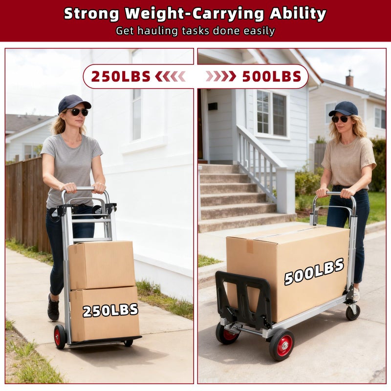 Tolpassa Aluminum 3-in-1 Folding Hand Truck, 500Lbs Heavy Duty Dolly Cart with 2 Large 6-Inch Quiet Rubber Wheels, 2 360Â° Swivel Wheels, 2 Bungee Cords, Portable Dolly for Home, Office, Warehouse, Packages - Image 4