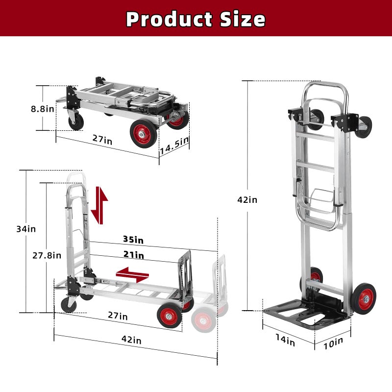 Tolpassa Aluminum 3-in-1 Folding Hand Truck, 500Lbs Heavy Duty Dolly Cart with 2 Large 6-Inch Quiet Rubber Wheels, 2 360Â° Swivel Wheels, 2 Bungee Cords, Portable Dolly for Home, Office, Warehouse, Packages - Image 5