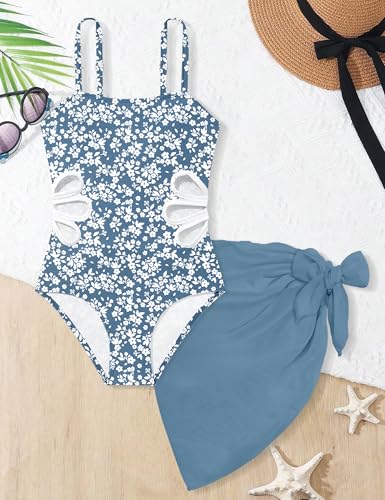 TALLWH Girl Swimsuit Bathing Suits Size 8-10 Printed Adjustable Straps Cut Out One Piece Swimsuit with Solid Color Cover Up Skirt Girls' Swimwear - Image 4