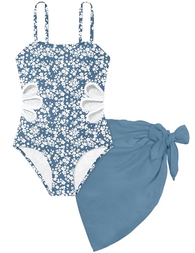 TALLWH Girl Swimsuit Bathing Suits Size 8-10 Printed Adjustable Straps Cut Out One Piece Swimsuit with Solid Color Cover Up Skirt Girls' Swimwear - Image 1