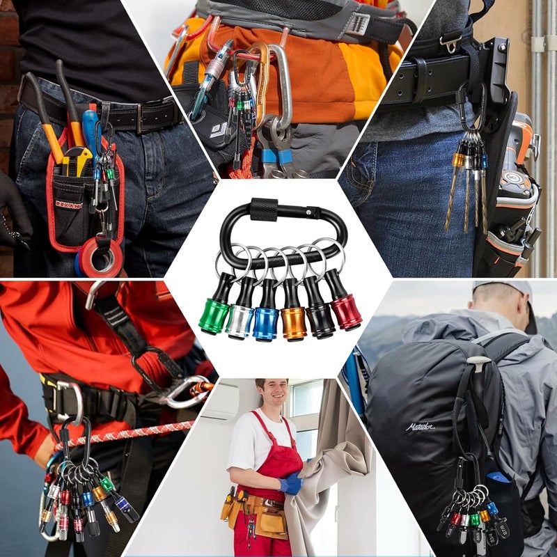 سلسلة مفاتيح حامل بتات مقاس 1/4 بوصة، 6 قطع، حاملات بتات ذات ساق سداسية مقاس 1/4 بوصة، حامل بتات سريع التحرير لمفك الصواميل، مفك براغي وبتات مثقاب مع سلسلة مفاتيح وحلقة تسلق - Image 5