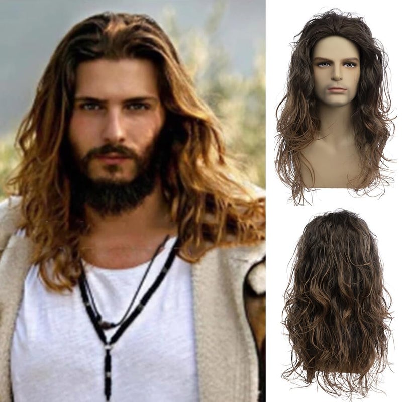Baruisi Long Curly Wavy Brown Wigs for Men Synthetic Natural Party Halloween Cosplay Hair Wig - Image 1