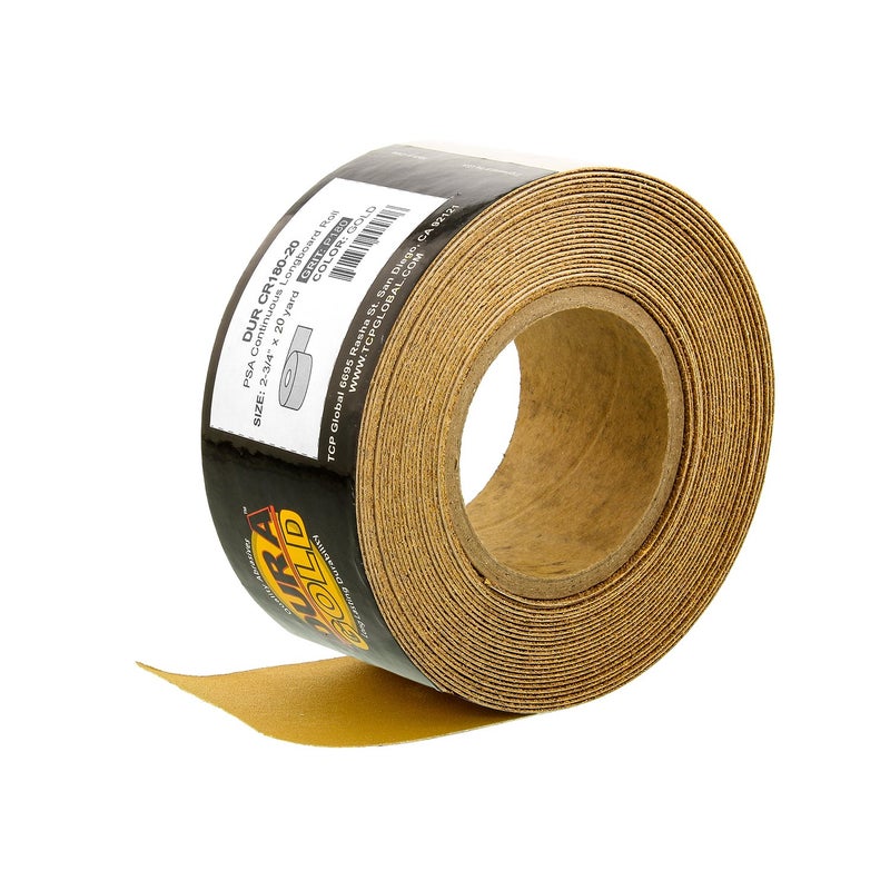 DuraGold Premium Gold 180 Grit PSA Longboard Sandpaper 20 Yard Roll 234 Wide Self Adhesive Stickyback Woodworking Automotive Sandpaper Roll Air File Sand Paper Auto Sanding Blocks
