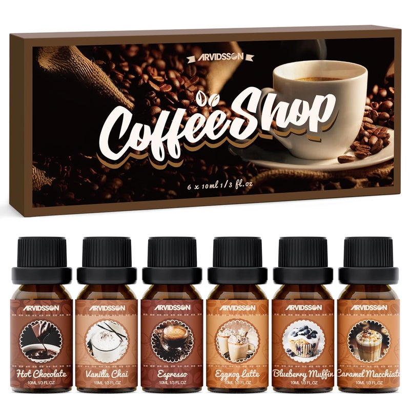 ARVIDSSON Coffee Fragrance Oils Set, Premium Essential Oils for Diffuser, Espresso, Vanilla Chai, Hot Chocolate, Blueberry Muffin, Eggnog Latte, Caramel Macchiato, Coffee Shop Scented Oils - Image 1
