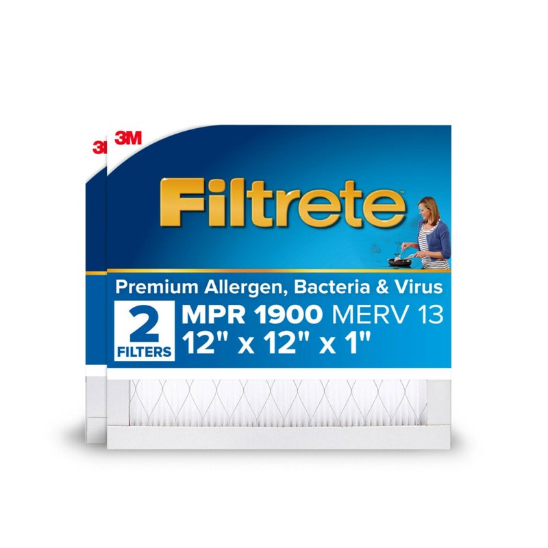 فلتريت مرشح هواء فرن التيار المتردد 12X12X1 من Filtrete Merv 13 Mpr 1900 مرشح ممتاز للبكتيريا المسببة للحساسية والفيروسات، فلتر تنظيف هواء إلكتروستاتيكي مطوي لمدة 3 أشهر 1 بوصة، عبوة من قطعتين (الحجم الفعلي 11.81 × 11.81 × 0.78 بوصة) - Image 1