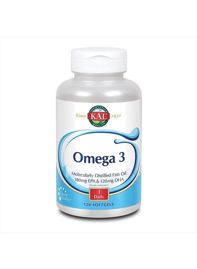 KAL Omega 3 | Omega-3 Fish Oil for Healthy Heart, Joint & Brain Support | 180mg EPA, 120mg DHA (120 CT, 120 Serv) - Image 1