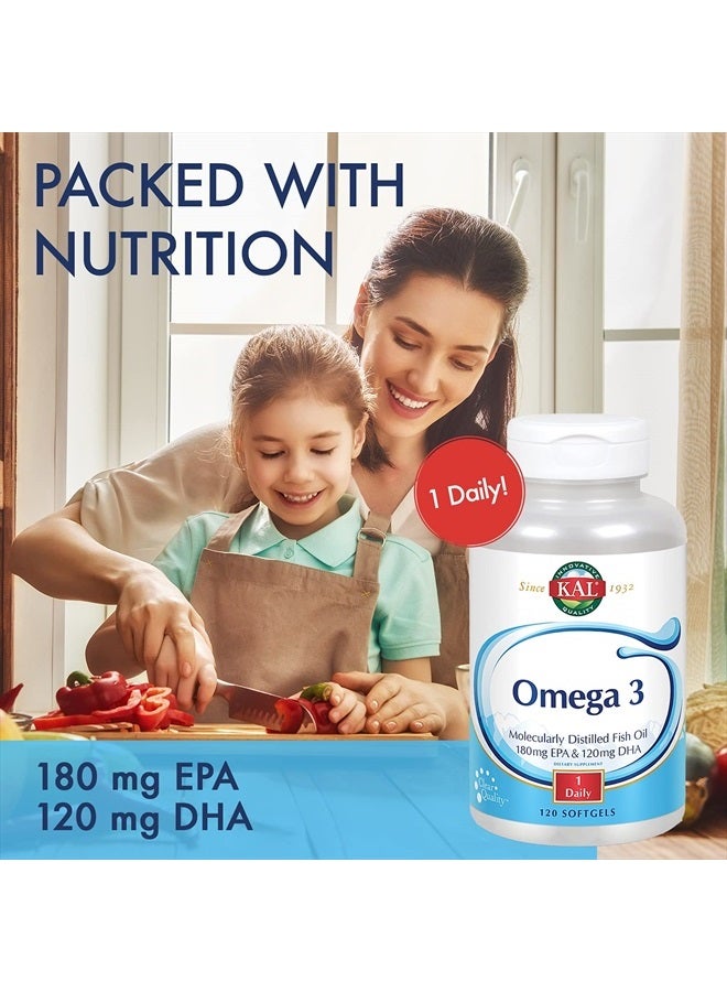KAL Omega 3 | Omega-3 Fish Oil for Healthy Heart, Joint & Brain Support | 180mg EPA, 120mg DHA (120 CT, 120 Serv) - Image 4