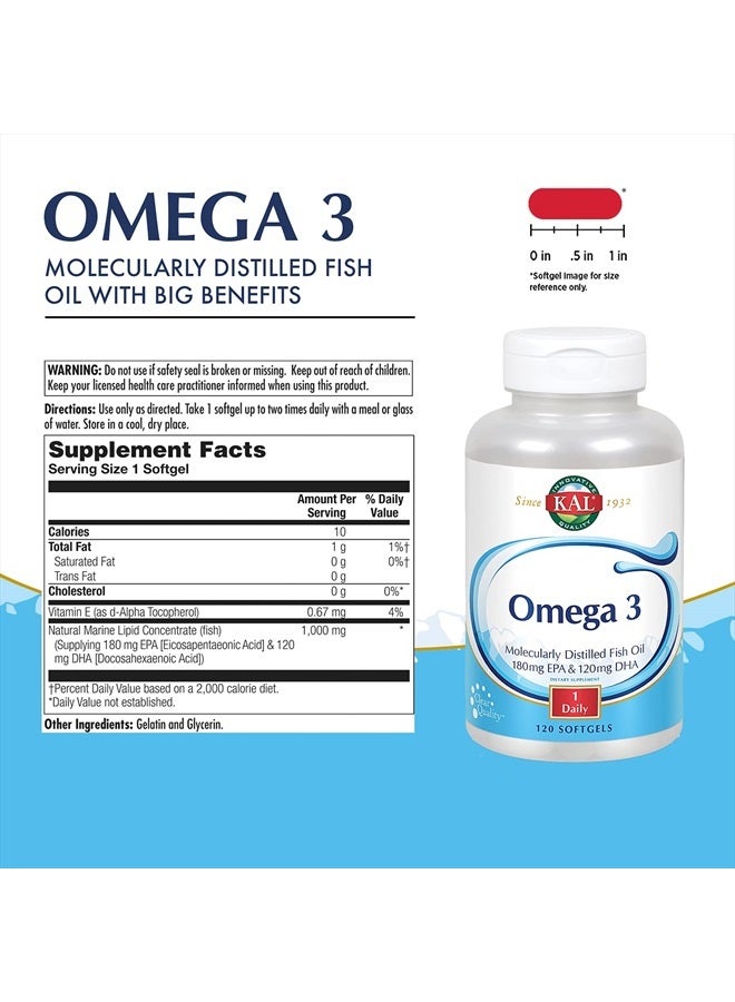 KAL Omega 3 | Omega-3 Fish Oil for Healthy Heart, Joint & Brain Support | 180mg EPA, 120mg DHA (120 CT, 120 Serv) - Image 2