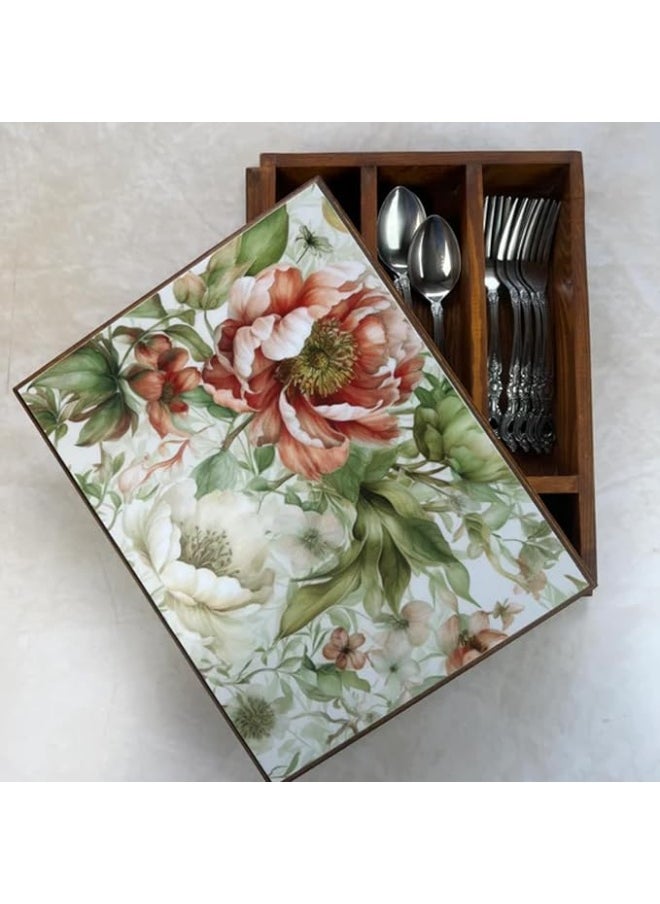 TR Designs TR Designs Wooden Cutlery Storage Box with Lid Floral Dance  - Image 1
