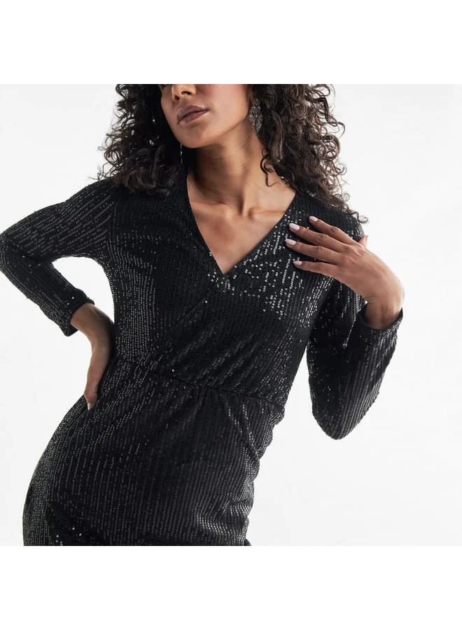 Splash FAV All-Over Embellished V-neck Dress with Long Sleeves