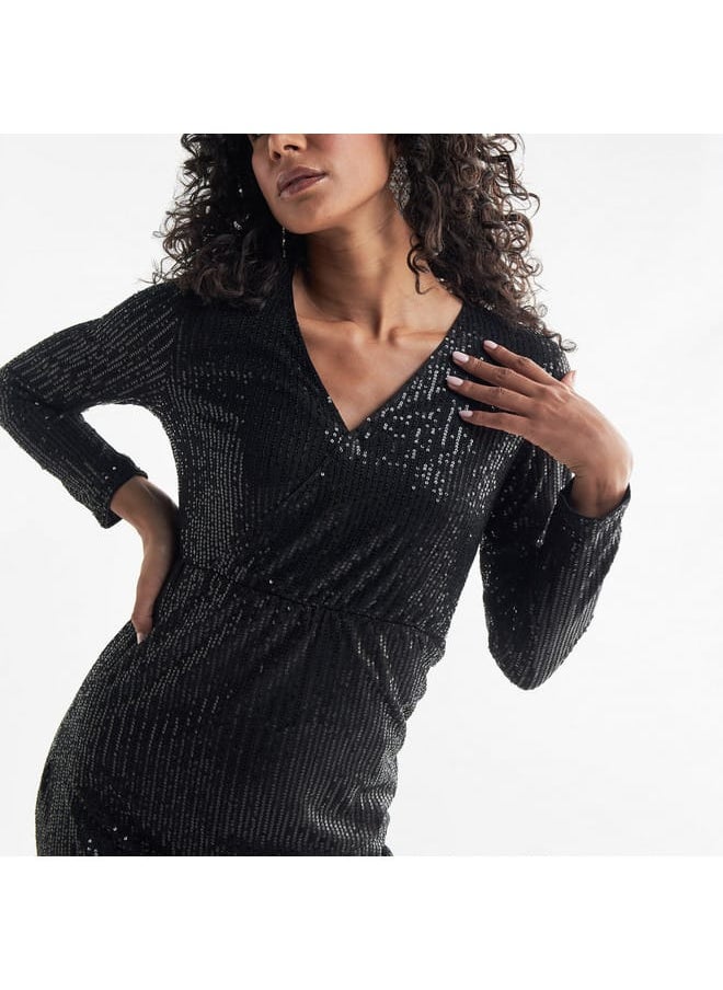FAV All-Over Embellished V-neck Dress with Long Sleeves  - Image 4