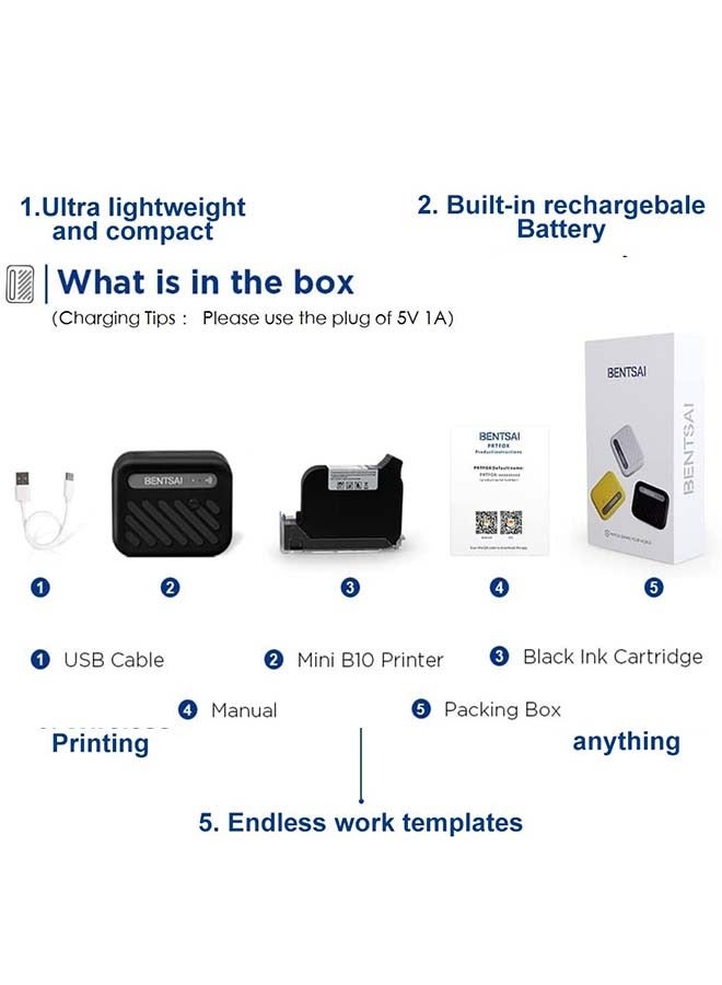 BENTSAI B10 Mini Handheld Printer Mobile Printer Code Printer Wirless WiFi Printer with iOS/Android APP (Black) for DIY Printing QR-Code Barcode Production Date Logo Batch Series Number