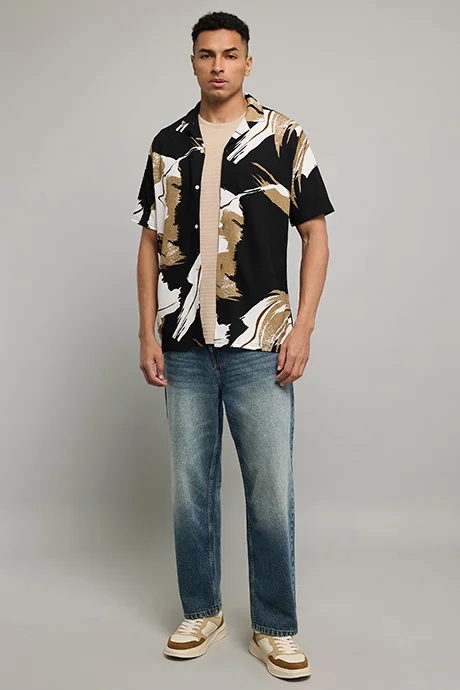 R&B Patterned Shirt with Revere Collar and Short Sleeves