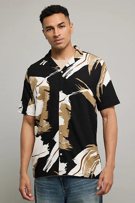 R&B Patterned Shirt with Revere Collar and Short Sleeves