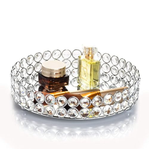 Feyarl Crystal Perfume Tray Cosmetic Makeup Vanity Tray Jewelry Trinket Organizer Mirrored Decorative Tray for Home Deco Christmas Birthday Gift(Round 10" inch) (Silver) - Image 1
