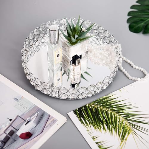 Feyarl Crystal Perfume Tray Cosmetic Makeup Vanity Tray Jewelry Trinket Organizer Mirrored Decorative Tray for Home Deco Christmas Birthday Gift(Round 10" inch) (Silver) - Image 3
