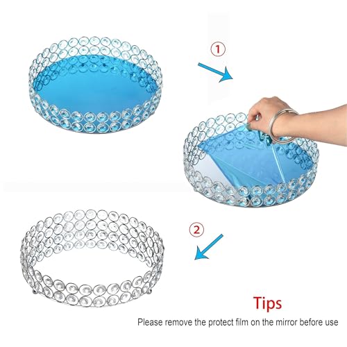 Feyarl Crystal Perfume Tray Cosmetic Makeup Vanity Tray Jewelry Trinket Organizer Mirrored Decorative Tray for Home Deco Christmas Birthday Gift(Round 10" inch) (Silver) - Image 5