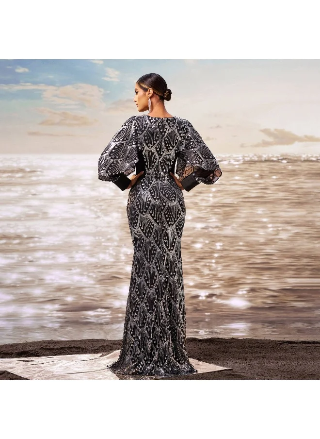 Madam Uniq Elegant Long Sleeve Sequin Mermaid Evening Dress for Women - New Fashion Fit & Flare Design