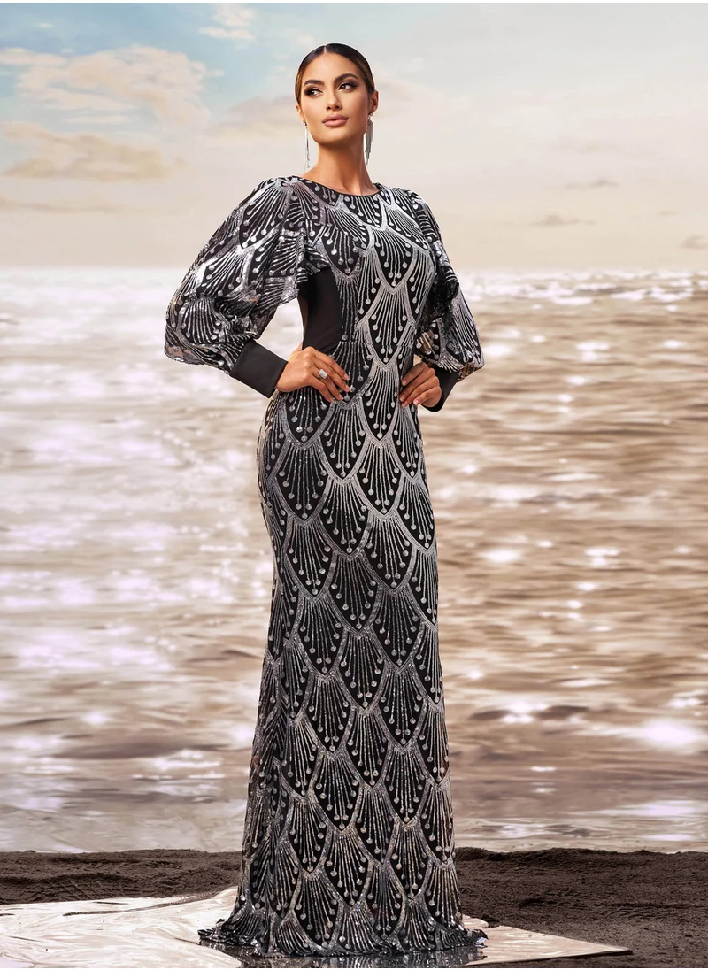 Madam Uniq Elegant Long Sleeve Sequin Mermaid Evening Dress for Women - New Fashion Fit & Flare Design