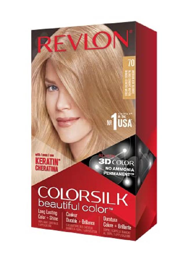 Revlon صبغة شعر دائمة من ريفلون كولور سيلك بتغطية 100% للشعر الرمادي خالية من الأمونيا والكيراتين والأحماض الأمينية 70 أشقر رمادي متوسط 4.4 أونصة (عبوة واحدة) - Image 1