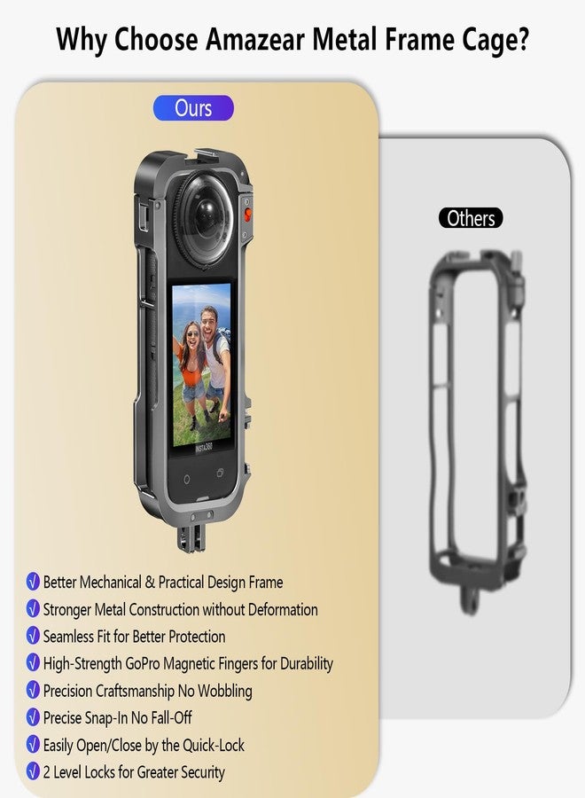 Amazear Metal Protective Case for Insta360 X4 Accessories, Upgraded Insta 360 X4 Quick-Release Aluminum Cage Stronger Construction Multifunction Utility Frame with Silicone Lens Guard Cap - Image 5