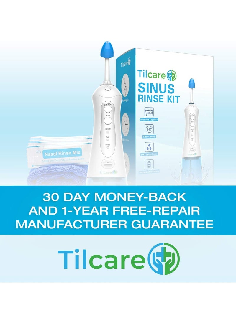 Tilcare - Sinus Rinse Kit Perfect Nasal Rinse Machine for Sinus & Allergy Relief - Electric Neti Pot for Nasal Irrigation That Will Cleanse Your stuffy Nose - Comes with a Towel and 30 Salt Packs - Image 1