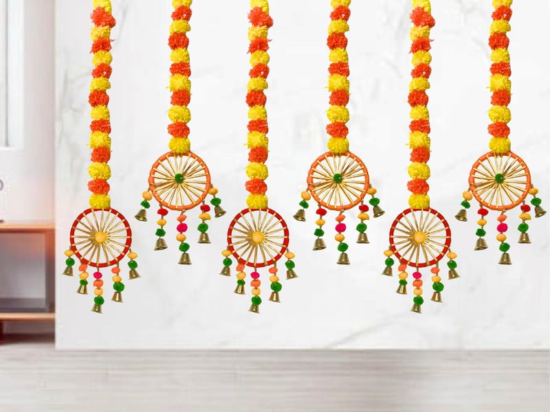 DRYPHON Artificial Marigold Flowers for Decoration with Pom Pom Ring Bell Hanging Garlands for Home Decoration for Diwali Decoration Items Wedding Puja Decoration Items for Home Pack of 6 - Image 1