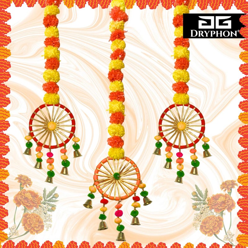 DRYPHON Artificial Marigold Flowers for Decoration with Pom Pom Ring Bell Hanging Garlands for Home Decoration for Diwali Decoration Items Wedding Puja Decoration Items for Home Pack of 6 - Image 3