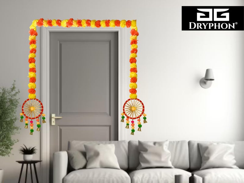 DRYPHON Artificial Marigold Flowers for Decoration with Pom Pom Ring Bell Hanging Garlands for Home Decoration for Diwali Decoration Items Wedding Puja Decoration Items for Home Pack of 6 - Image 4
