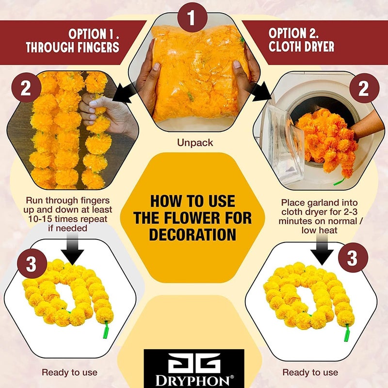 DRYPHON Artificial Marigold Flowers for Decoration with Pom Pom Ring Bell Hanging Garlands for Home Decoration for Diwali Decoration Items Wedding Puja Decoration Items for Home Pack of 6 - Image 5