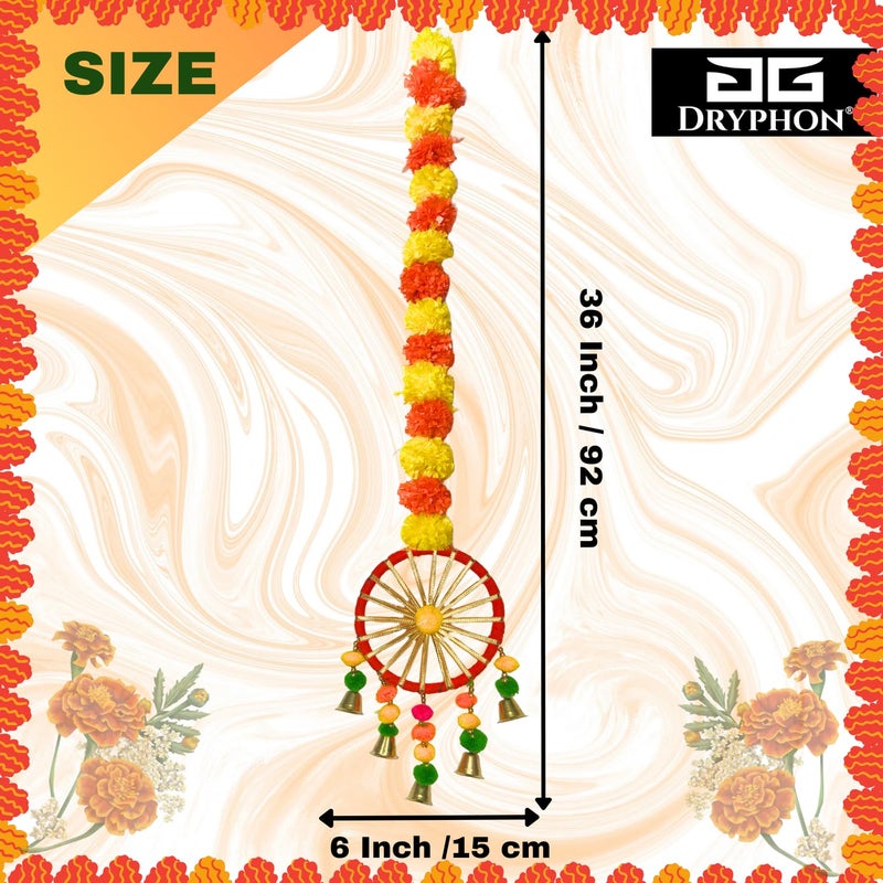 DRYPHON Artificial Marigold Flowers for Decoration with Pom Pom Ring Bell Hanging Garlands for Home Decoration for Diwali Decoration Items Wedding Puja Decoration Items for Home Pack of 6 - Image 2