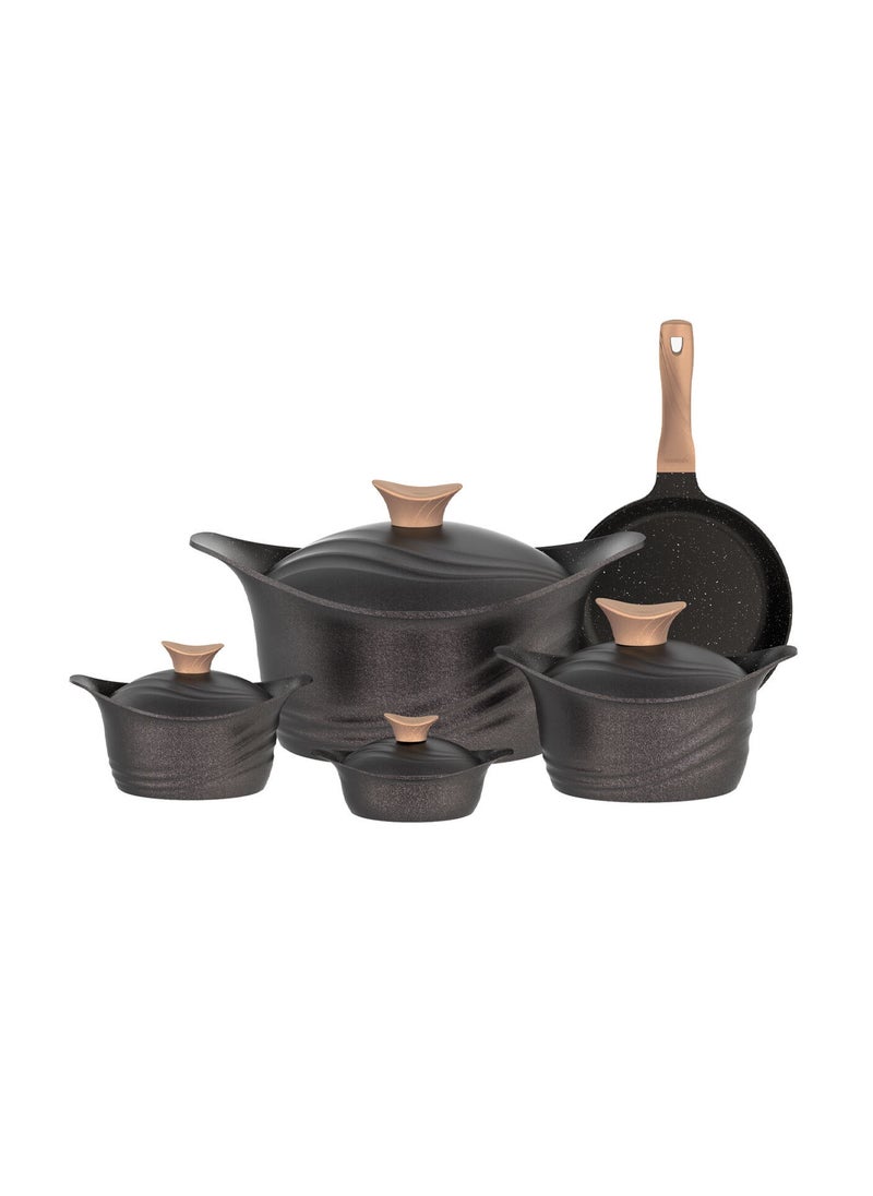 Alsaif Gallery - 9 Pcs Granite Cookware Set with Wooden Handle Black Titanium - Image 1