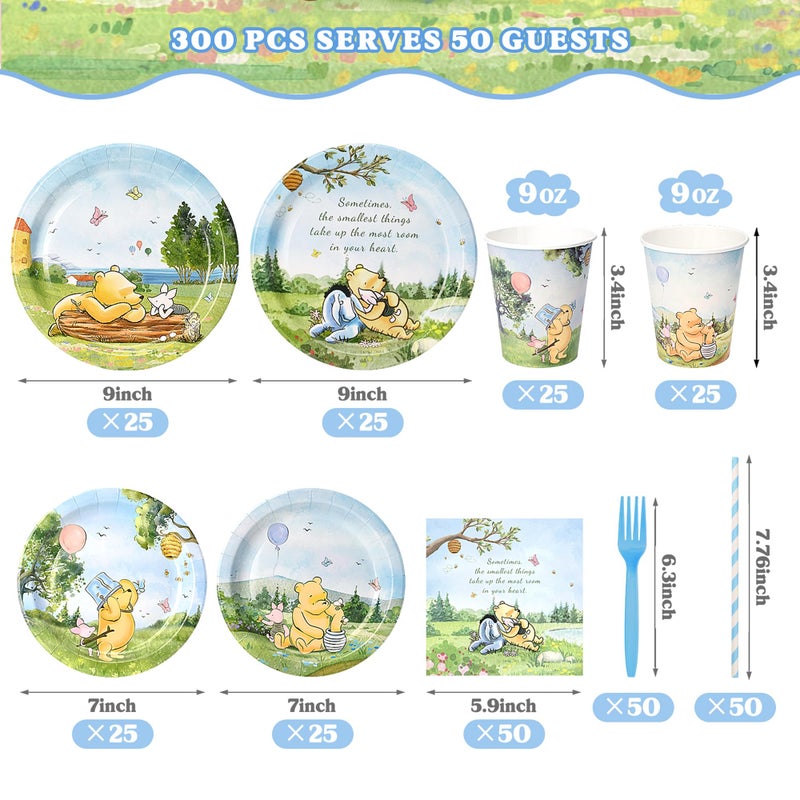 Vistico 300 Pcs Winnie Bear Baby Shower Plates and Napkins Tableware Set, Plates Napkins Cups Straws and Forks Sets, Winnie Baby Shower Decorations Birthday Party Supplies, Serves 50 Guests - Image 3