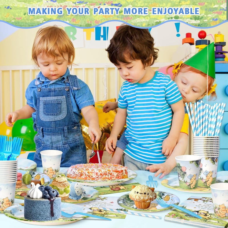 Vistico 300 Pcs Winnie Bear Baby Shower Plates and Napkins Tableware Set, Plates Napkins Cups Straws and Forks Sets, Winnie Baby Shower Decorations Birthday Party Supplies, Serves 50 Guests - Image 2