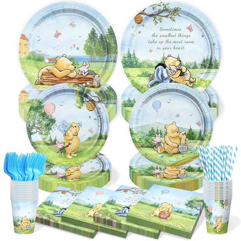 Vistico 300 Pcs Winnie Bear Baby Shower Plates and Napkins Tableware Set, Plates Napkins Cups Straws and Forks Sets, Winnie Baby Shower Decorations Birthday Party Supplies, Serves 50 Guests - Image 1