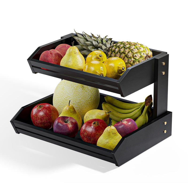 HOLANA Acacia 2 Tier Fruit Basket for Kitchen Counter Organizer â€“ Wooden Fruit Bowl for Kitchen Counter Storage, Wooden Basket for Vegetable & Produce Storage, Snack Organizer for Countertop (Black) - Image 1