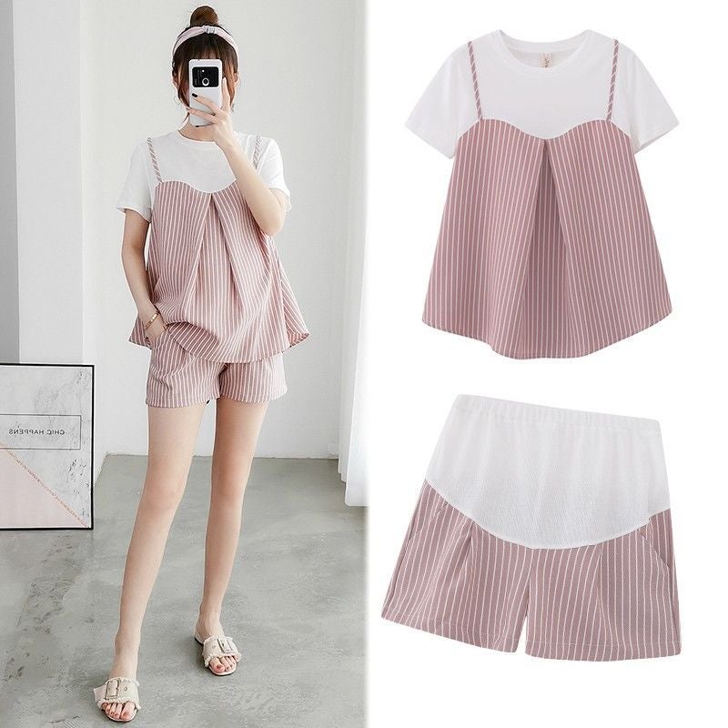 2022 Striped Maternity Set with Belly Support Pants Pink Striped suit 