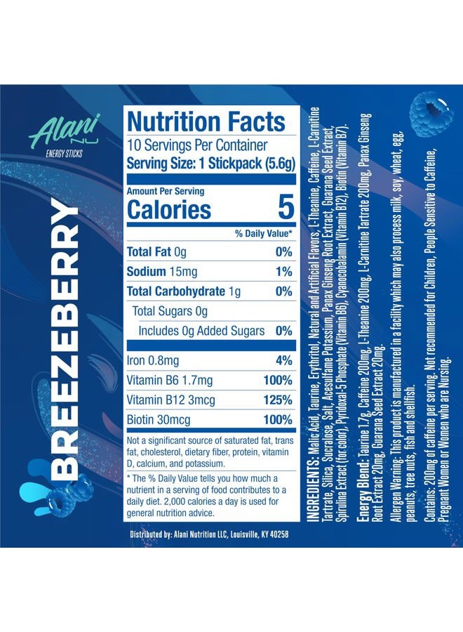 Alani Nu BREEZEBERRY Energy Sticks | Energy Drink Powder | 200mg Caffeine | Pre Workout Performance with Antioxidants | On-The-Go Drink Mix | Biotin, B Vitamins | Zero Sugar | 5 Calories | 10 Pack  - Image 2