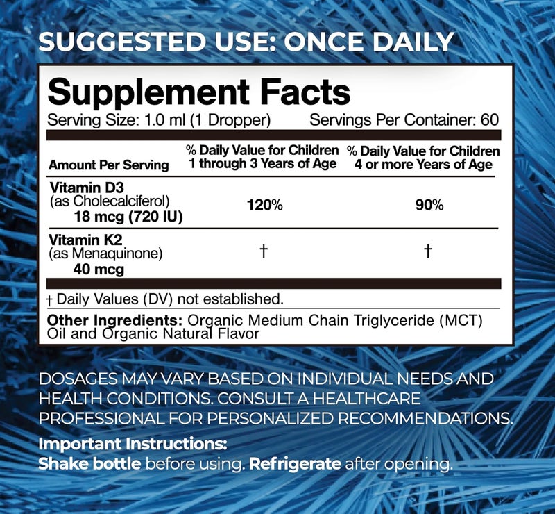 Tropical Oasis قطرات سائلة من فيتامين D3 K2 العضوي المعتمد من وزارة الزراعة الأمريكية  مكمل فيتامين D3 K2 للأطفال  للأطفال بعمر 1  مكمل للأطفال لامتصاص الكالسيوم وتقوية العظام  نباتي وغير معدل وراثيًا  2 أونصة سائلة - Image 2