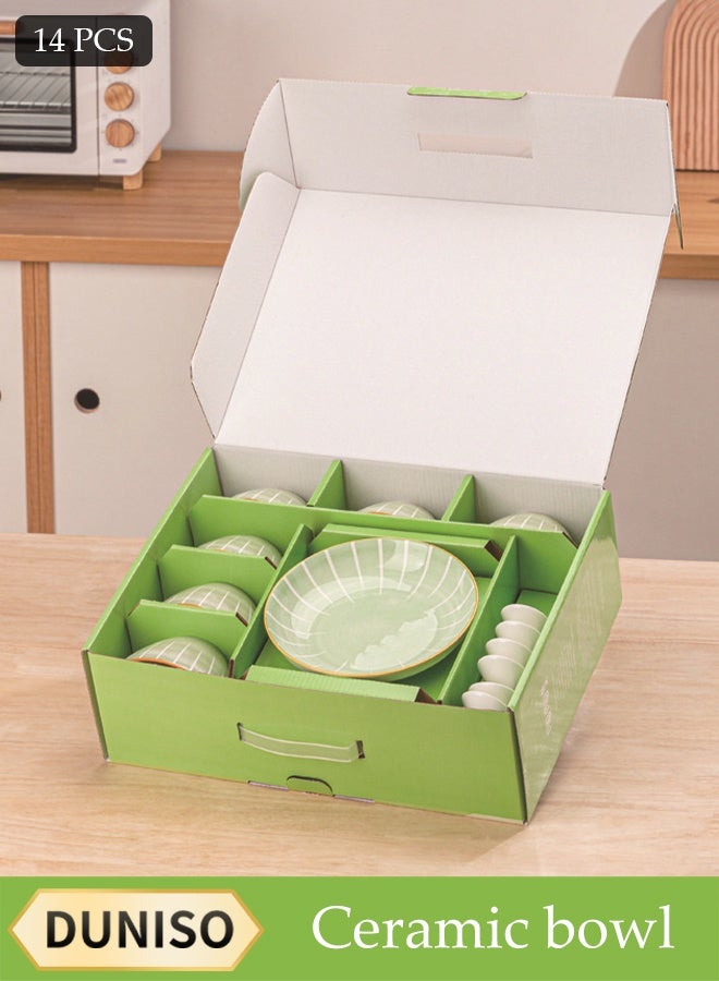 DUNISO 14-Piece Teal Ceramic Bowls, Plates And Spoons Set, Microwave Resistant, Sauce Dish, Dip Bowl, Serving Bowl, Stackable, For Dessert, Appetizer, Ketchup, Salad, Sushi, Noodles, Soup,Crockery Tableware Set，Ceramic Tableware  - Image 1