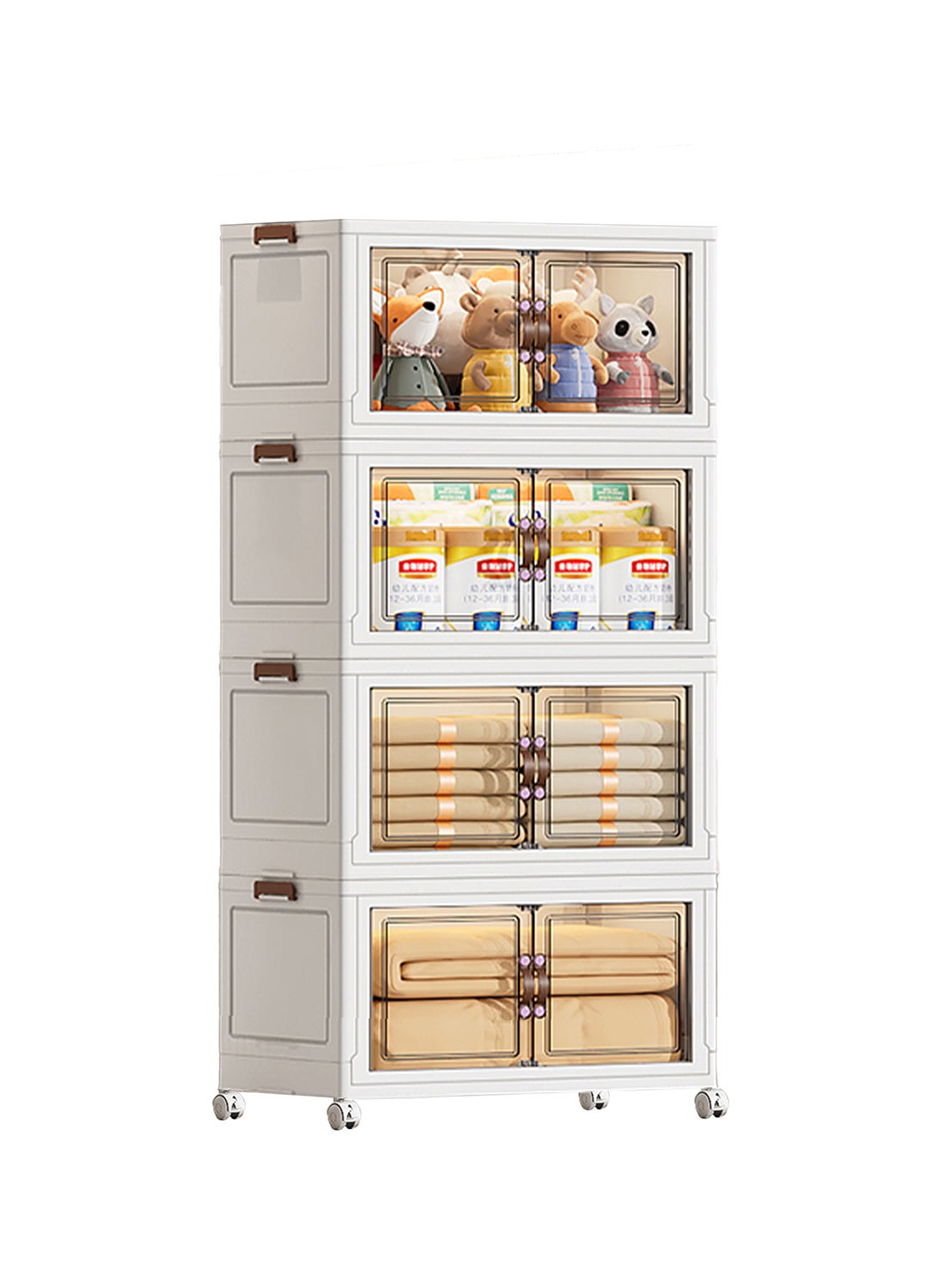 Four-Tier Foldable Plastic Storage Cabinet with Wheels – PP Organizer with Transparent Magnetic Doors, Stackable and Space-Saving Design for Kitchen, Bedroom, or Living Room, 65 × 42 × 145 cm