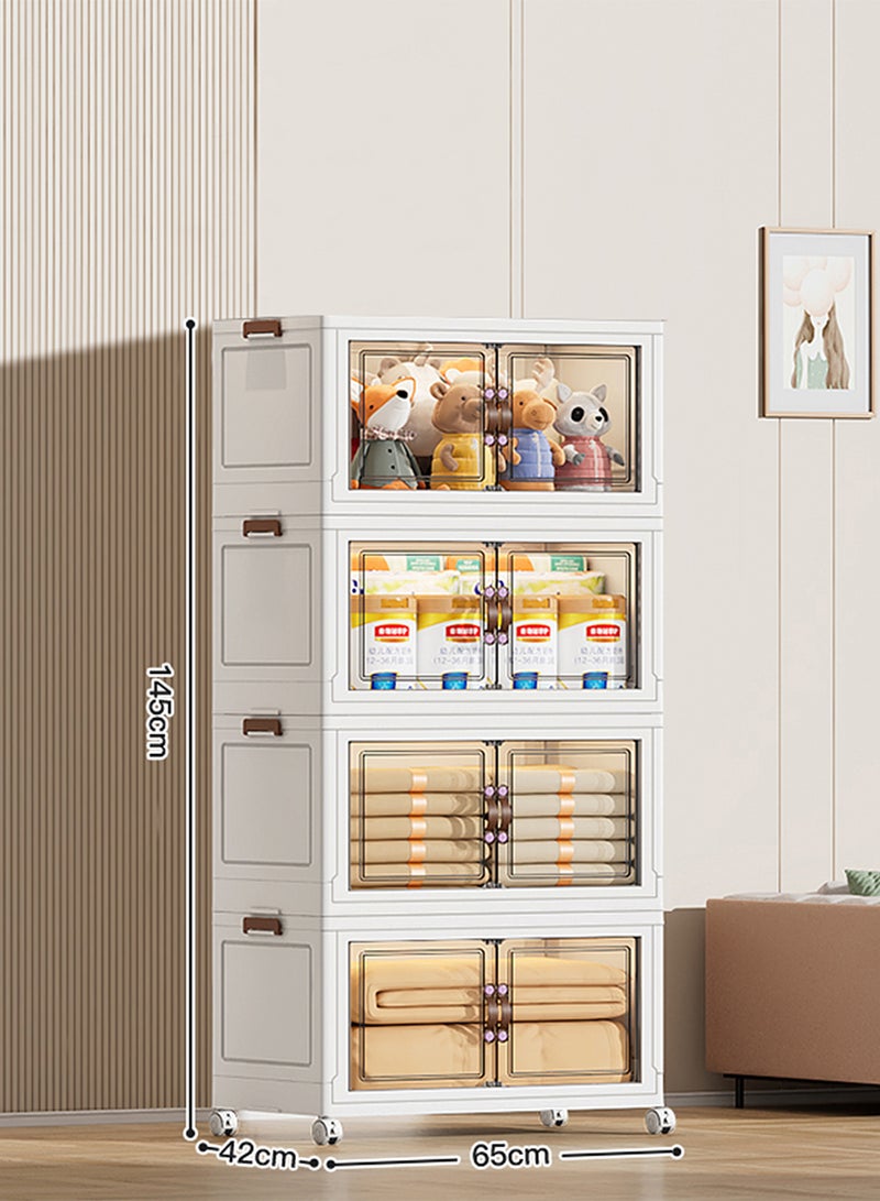 Ollieroo خزانة تخزين بلاستيكية قابلة للطي بأربعة طبقات مع عجلات – منظم PP بأبواب مغناطيسية شفافة، تصميم قابل للتكديس وتوفير المساحة للمطبخ أو غرفة النوم أو غرفة المعيشة، 65 × 42 × 145 سم - Image 2
