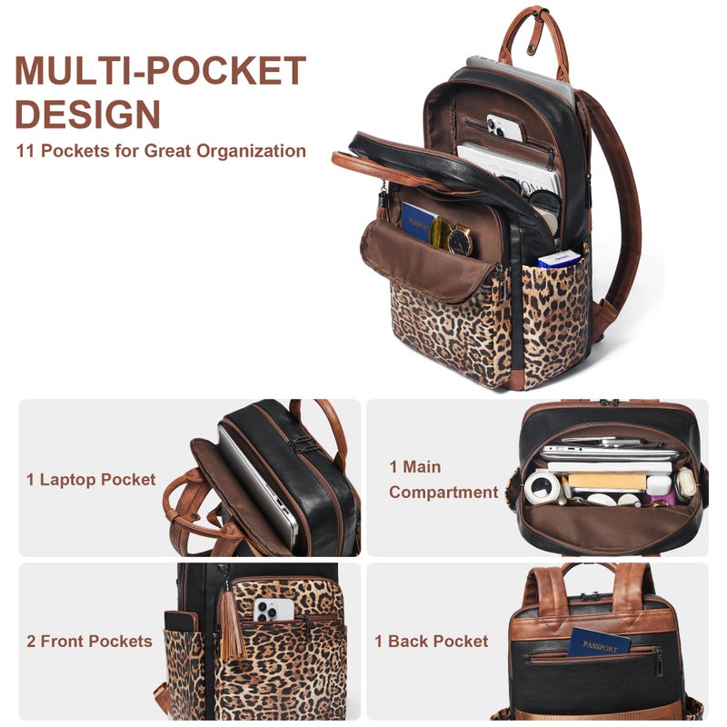 Shrrie Laptop Backpack for Women 15.6 inch Travel Leather Backpack Purse Work Computer Backpacks for Business College Black With Leopard - Image 3