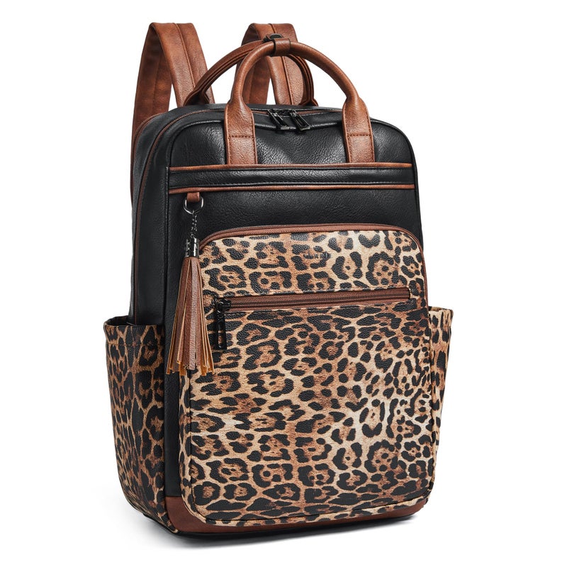 Shrrie Laptop Backpack for Women 15.6 inch Travel Leather Backpack Purse Work Computer Backpacks for Business College Black With Leopard - Image 1