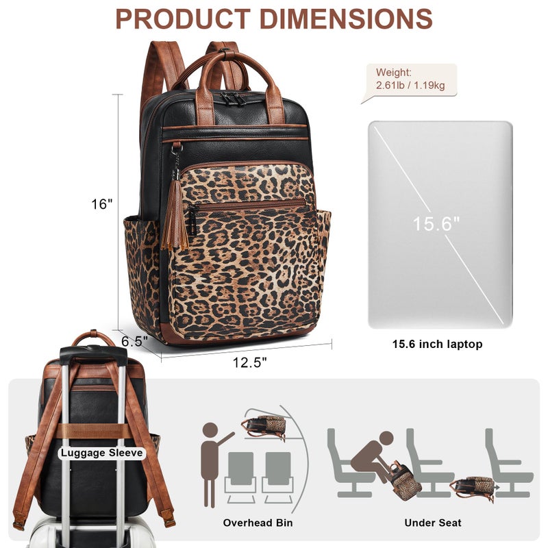 Shrrie Laptop Backpack for Women 15.6 inch Travel Leather Backpack Purse Work Computer Backpacks for Business College Black With Leopard - Image 5