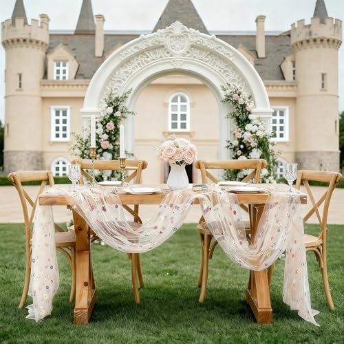 Jia le JIALE Champagne Floral Table Runner, Embroidery Daisy Seasonal Table Decorations, 120Inch 10FT 1PC Gold Tulle Fabric for Home Decor, Bridal Shower Wedding, Baby Shower Parties, DIY Craft - Image 4