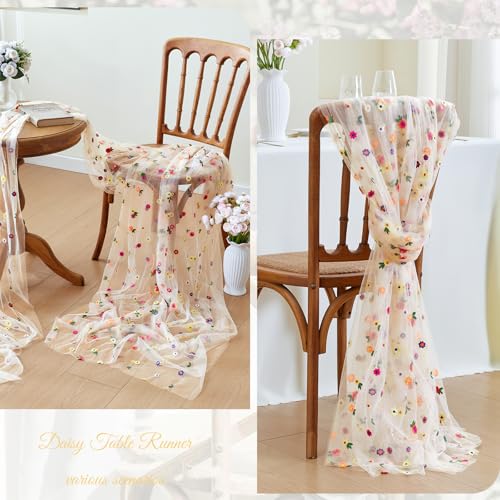 Jia le JIALE Champagne Floral Table Runner, Embroidery Daisy Seasonal Table Decorations, 120Inch 10FT 1PC Gold Tulle Fabric for Home Decor, Bridal Shower Wedding, Baby Shower Parties, DIY Craft - Image 5